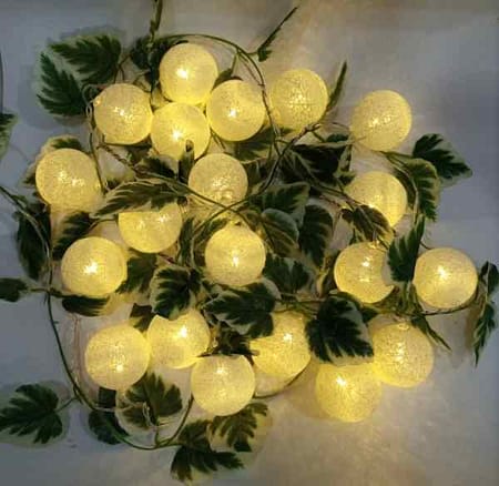 White Cotton Balls With Leaves Fairy Lights 1