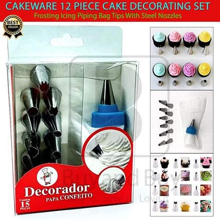 12 Pc Cake Decorating Set Frosting Icing Piping Bag Tips With Steel Nozzles 1